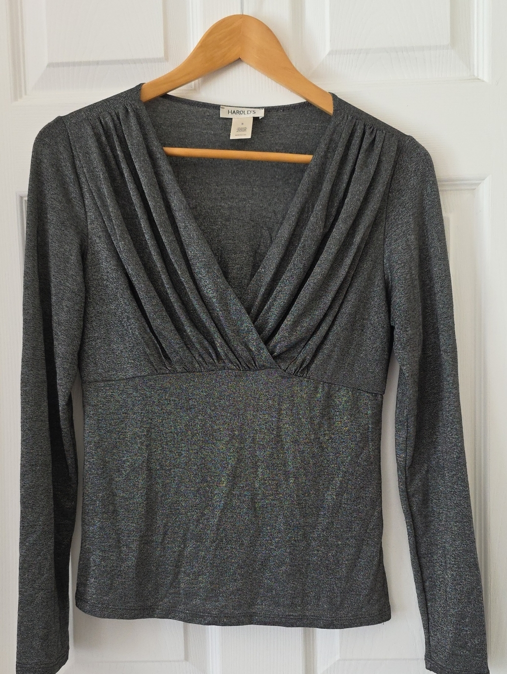 Harold's Metallic Charcoal Knit Drape-Front Long Sleeve Top Size S